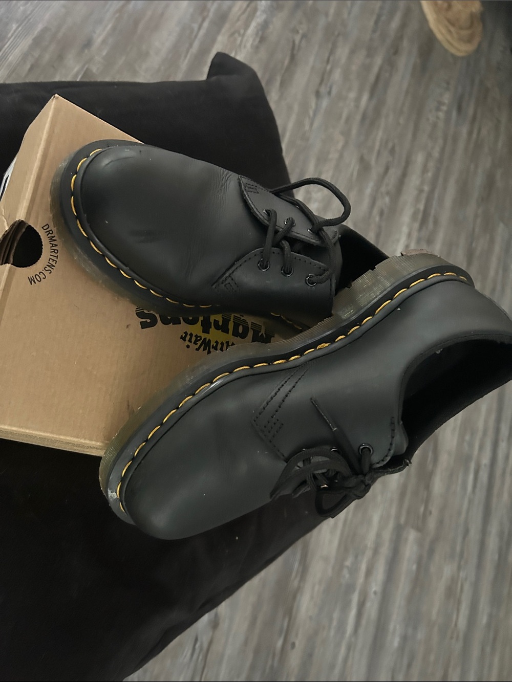 Dr. Martens Black Leather 3-Eye Derby with Yellow Stitching
